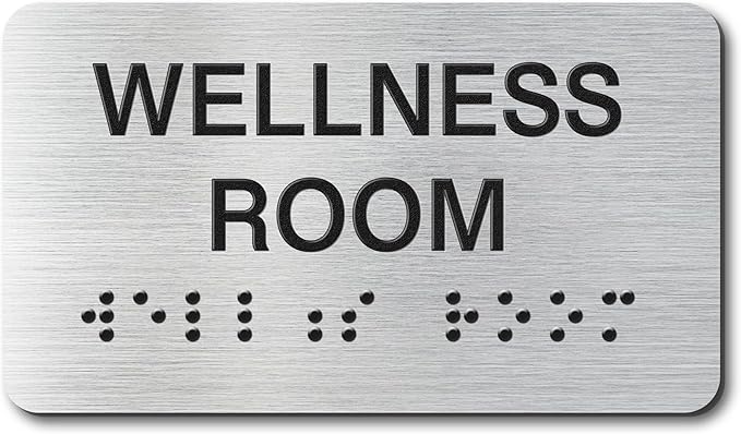 Wellness Room Signs with Raised Text & Grade 2 Braille, Brushed Aluminum/Silver Finish Easy Install with Double-Sided Tape, ADA Compliant Wellness Room Door Sign for Businesses & Offices