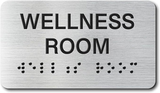 Wellness Room Signs with Raised Text & Grade 2 Braille, Brushed Aluminum/Silver Finish Easy Install with Double-Sided Tape, ADA Compliant Wellness Room Door Sign for Businesses & Offices