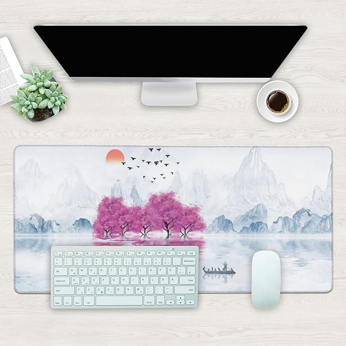Desk Mat, Cherry Blossom Tree Oil Ink Painting Extended Gaming Mouse Pad Large, 35.4"x15.7" Big Mouse Pad with Non-Slip Base and Stitched Edge, Long Computer Keyboard Mouse Mat for Home Office Work