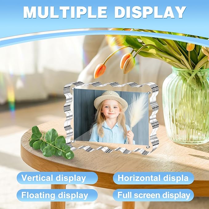 Aheroi 4x6 Acrylic Picture Frames, 3 Pack Clear Scalloped Acrylic Photo Frame Freestanding Magnetic Picture Frames for Desktop, Transparent Thickened Double Sided Picture Holder, Exclusive Shape Design