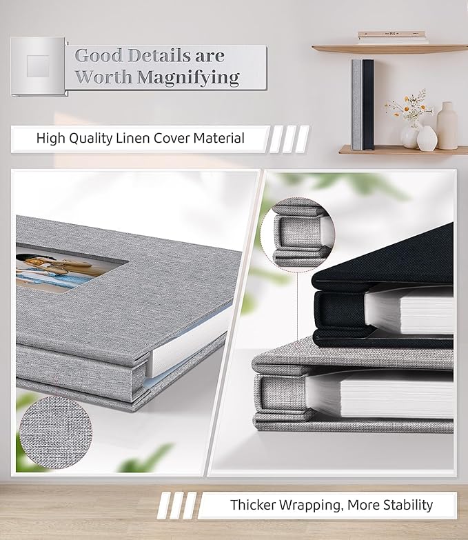 Photo Album Self Adhesive Scrapbook Album for 3x5 4x6 5x7 8x10 Pictures,40 Pages Linen Cover with Display Window DIY Photo Book,Ideal Gifts for Family Travel Wedding Baby