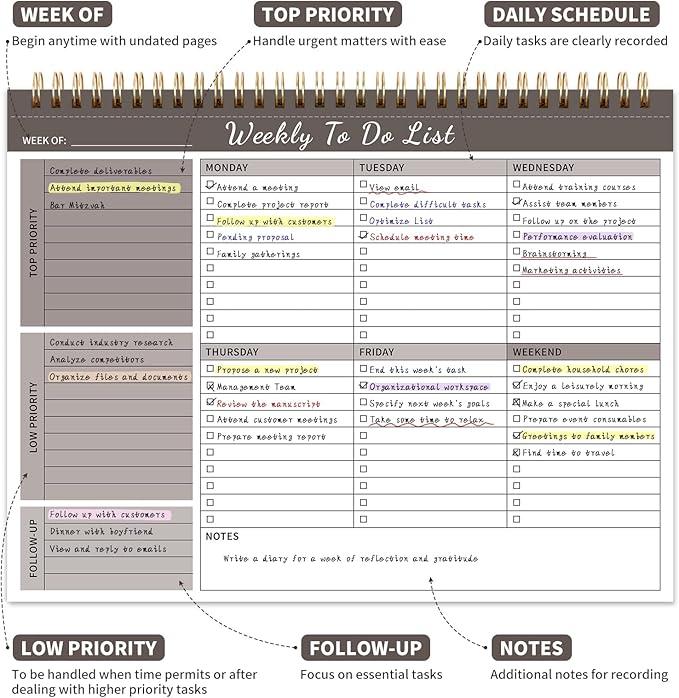 Weekly To Do List Notepad, 52 Undated Sheets （8.5"×11") Duplex-printed Weekly Planner Notepad For Work Home School Office Desk Accessories Supplies & Goal Setting Tasks - Brown