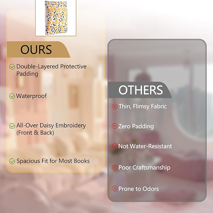 LParkin Embroidered Daisy Flower Book Sleeve with Zipper - Washable Fabric Book Cover Protector for Paperbacks & Hardcover, Gift for Book Lovers (Yellow, 11x8.5 Inch)