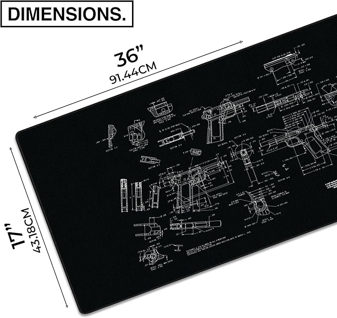 MPCO. Blueprints Large Gaming Desk Pad - 36" x 17" Duraglyde Fabric Browning 1911 – Black Desk Mats - Non-Slip, Washable, Smooth Glide for Precision Gaming & Work