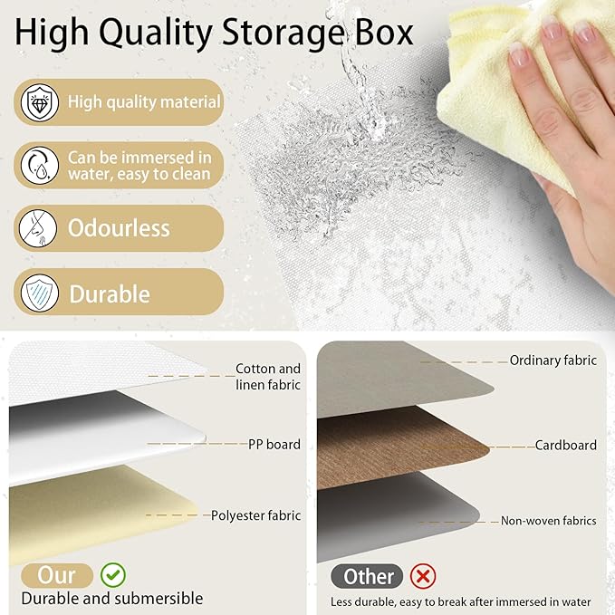 Yawinhe Fabric Storage Baskets, Foldable Closet Organizer for Shelves, Large Boxes with 3 Handles, Canvas Bins for Clothes, White/Grey, 12.99''Lx9.05''Wx7.87''H, 4-Pack