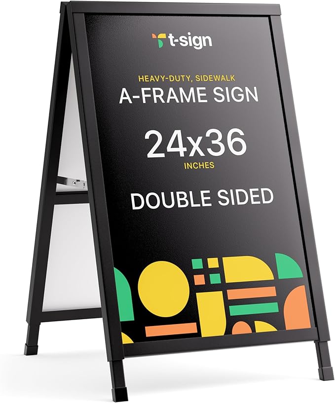 T-SIGN Outdoor A-Frame Sidewalk Sign 24x36 Inch Sandwich Board, Black Coated Steel Metal Double-Sided, Heavy Duty Slide-in Folding Frame Sign Holder, 2 Corrugated Plastic Poster Boards, Display Stand