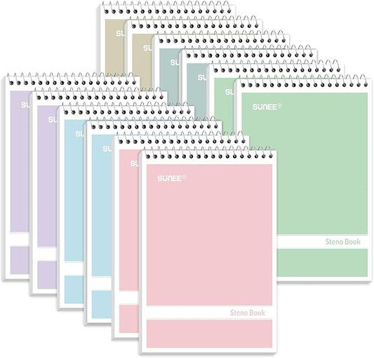 SUNEE 12 Pack Steno Pads 6x9, Gregg Rule, 60 Sheets, 6 Assorted Color Spiral Notebook 6x9, White Paper, Take Notes with Top Spiral Notebook, for School, University, College, Work, Office