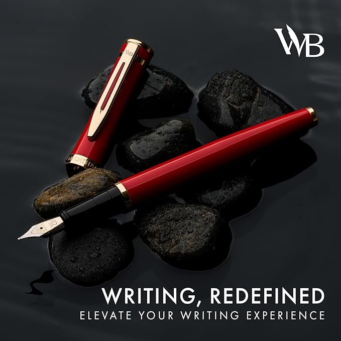 Wordsworth & Black Fountain Pen Set, 18K Gilded Medium Nib, Includes 24 Pack Ink Cartridges, Ink Refill Converter & Gift Pouch, Gold Finish, Calligraphy, [Crimson Red], Perfect for Men & Women