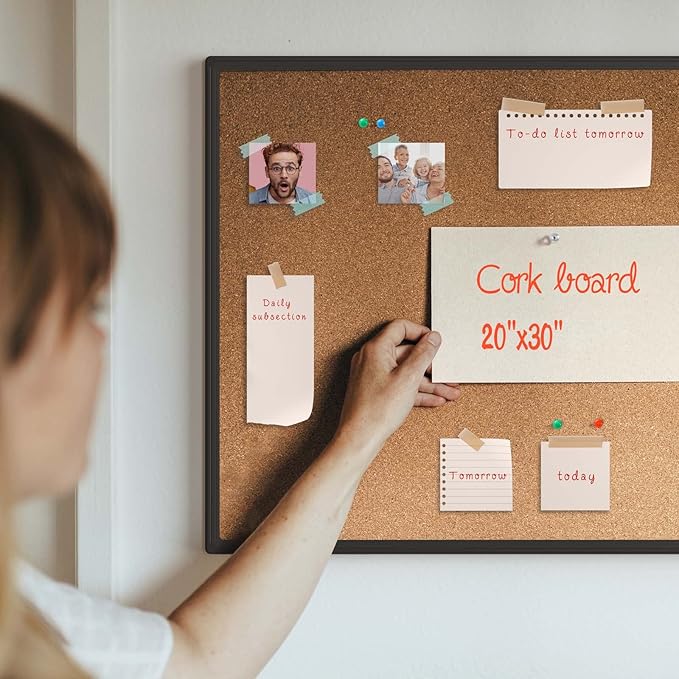 Board2by Cork Board Bulletin Board 20 x 30, Black Aluminium Framed Corkboard, Office Board for Wall Cork, Large Wall Mounted Notice Pin Board with 16 Push Pins for School, Home & Office