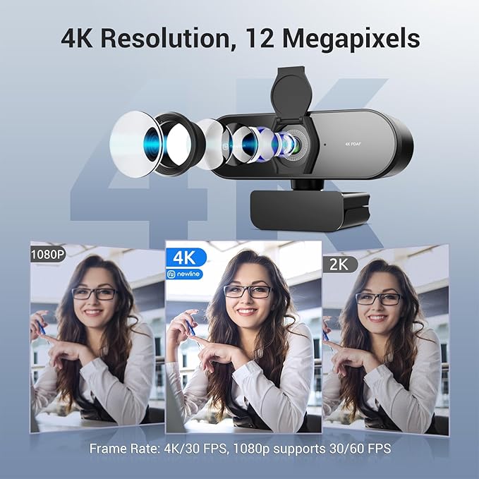 N newline 4K Webcam for PC, PDAF/CDAF Autofocus, 1080P@60FPS, 79° FOV, Auto Light Correction, 2 Noise Reduction Mics, Privacy Cover, USB-A, Streaming Camera for Skype, Teams, Online Meeting, NewEye 62