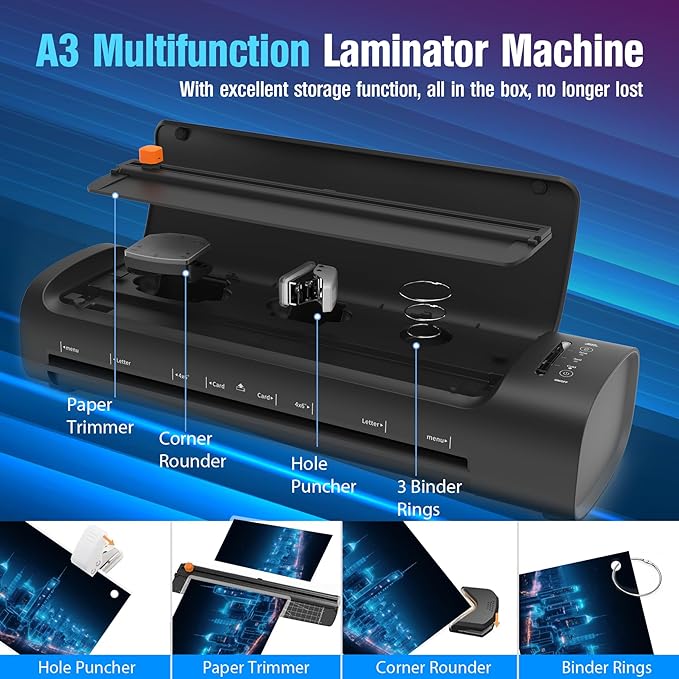 Laminator Machine 13 Inch, 60s Quick Warm-Up Never Jam Laminating Machine with 52 Laminating Sheets, 9 in 1 A3 Thermal Machine Hot & Cold with Paper Trimmer Corner Rounder for Office School Home Use