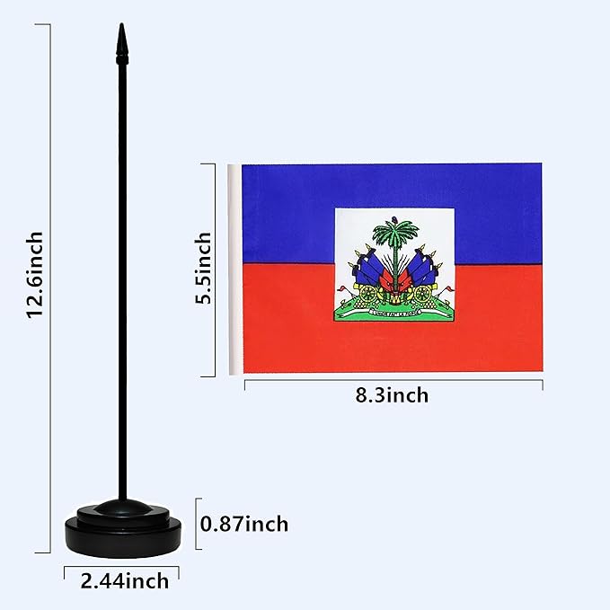 Haiti Haitian Deluxe Desk Flag Set Small Mini Miniature Haiti Haitian Table Desktop Flags With Solid Pole, Black Base and Spear Top(2 Pack)