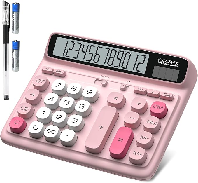 Desktop Calculator with Extra Large 5-Inch LCD Display, 12-Digit Two Way Power Solar & Battery Office Calculator with Big Buttons for Business, Accounting & Home Use(Pink)