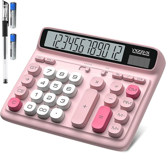 Desktop Calculator with Extra Large 5-Inch LCD Display, 12-Digit Two Way Power Solar & Battery Office Calculator with Big Buttons for Business, Accounting & Home Use(Pink)