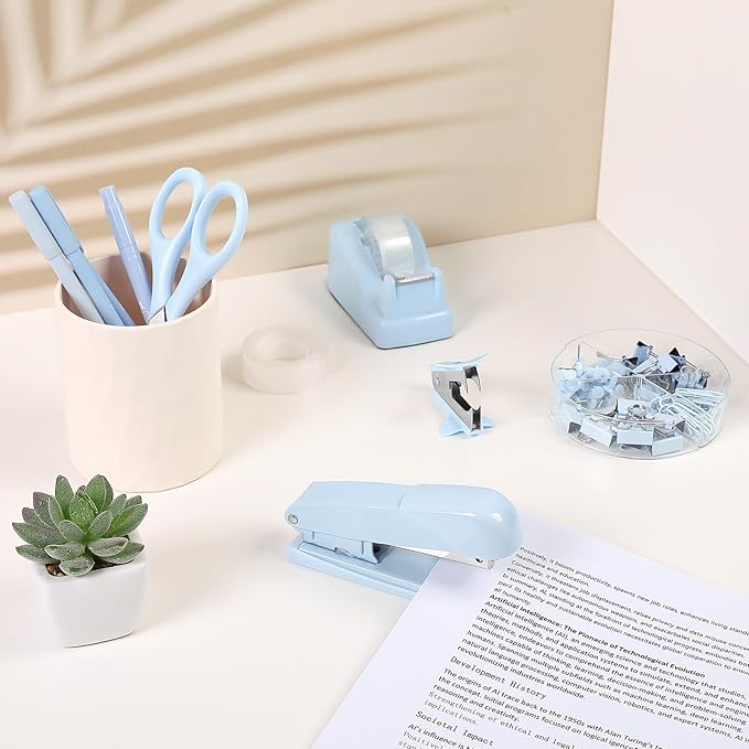 SKYDUE Blue Office Desk Accessories, Blue Office Supplies, Stapler, Tape Dispenser, Scissors, Clips and 1000pcs Staples,Desk Supplies for Women