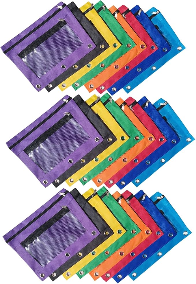 Multipurpose Binder Pencil Pouch 3 Ring Binder Pencil Bag with Clear Window – 24 Pack, Durable Oxford Fabric, 8 Assorted Colors