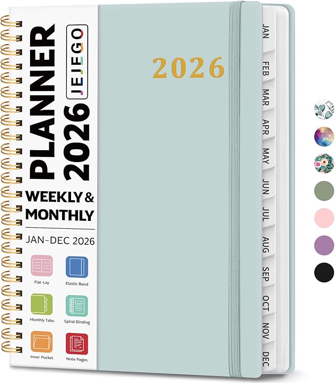 2026 Planner, Weekly and Monthly Calendar Planner Book, January 2026 - December 2026, Hardcover Spiral Planner with Monthly Tabs, Notes Pages, Perfect for Women & Men, A5 (6.4" x 8.5") - Grey Blue