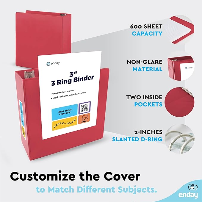 3 Inch Binder 3 Ring Binders Red, Slant D-Ring 3” Clear View Cover with 2 Inside Pockets, Heavy Duty Colored School Supplies Office and Home Binders – by Enday