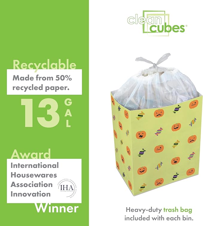 | 13 Gallon Disposable Trash Cans (3-Pack) with Fitted Trash Bags - Reusable Garbage and Recycling Bins for Parties, Events, and More (Halloween - 17" Height x 13.5" Width x 10" Depth)