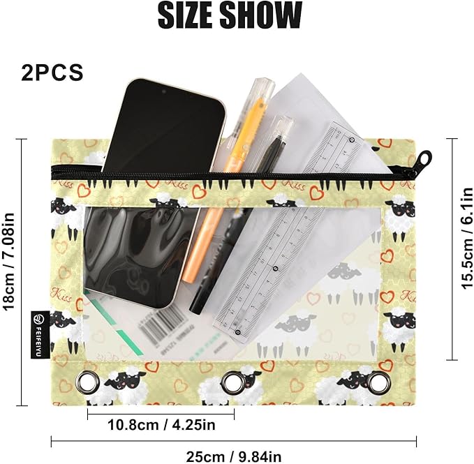 ZAZYXTJ Cute Sheep Binder Pencil Pouchs 3 Ring with Zipper Clear Window Office Organizers bag for School Students Teacher Supplies 2 Pack