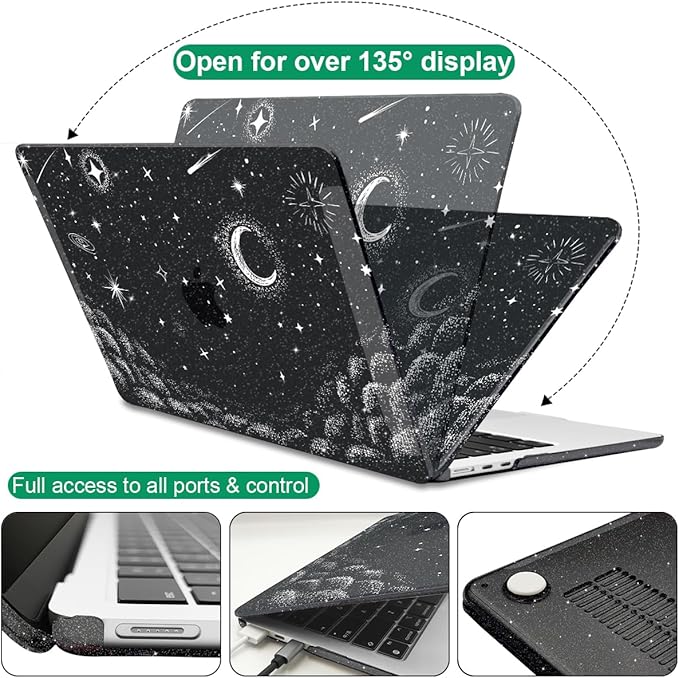 for 2022 2023 2024 2025 MacBook Air 13.6 inch Case M4 A3240 M3 A3113 M2 A2681 Cover, Glitter Black Printed Pattern Plastic Hard Shell Case Keyboard Cover for Mac Air 13.6 2025, Stars & Moon