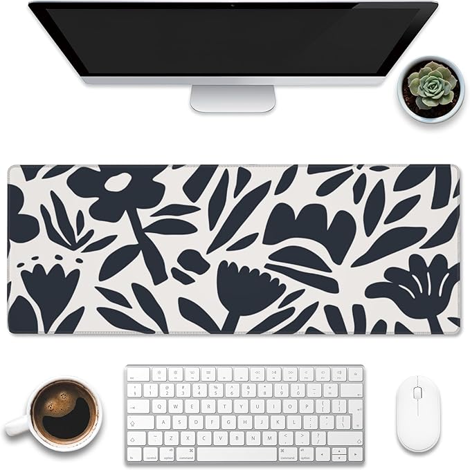 Desk Pad, Hand Drawn Leaves and Flowers Desk Mat, Abstract Plant Large Gaming Mouse Pad with Non-Slip Base and Stitched Edge, 31.5"x11.8"