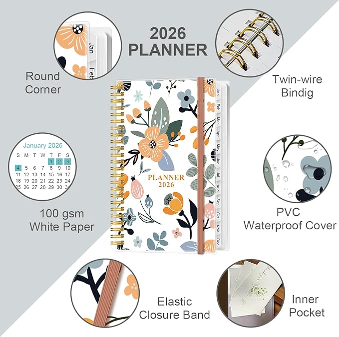 2026 Pocket Planner/Calendar - 2026 Planner from January 2026 - December 2026, Planner 2026 with 12 Tabs, Twin-Wire Binding, Inner Pocket, 3.75" x 6.75, Rose Flower