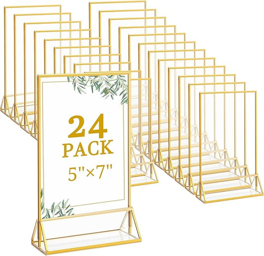 Floroom 24 Pack 5x7 Inch Clear Acrylic Sign Holders, Double-Sided Gold Display Stand Picture Frames for Table Numbers, Menus, Flyers, Weddings, and Offices
