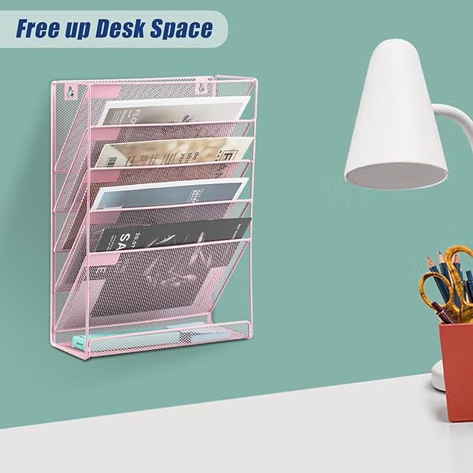 EASEPRES Desk File Organizer Mesh 6-Tier, Hanging Wall Mount Document Organization Stand, Desktop Vertical Mail Paper Folder Holder Rack with Bottom Tray for Office Home Cubicle Countertop, Pink