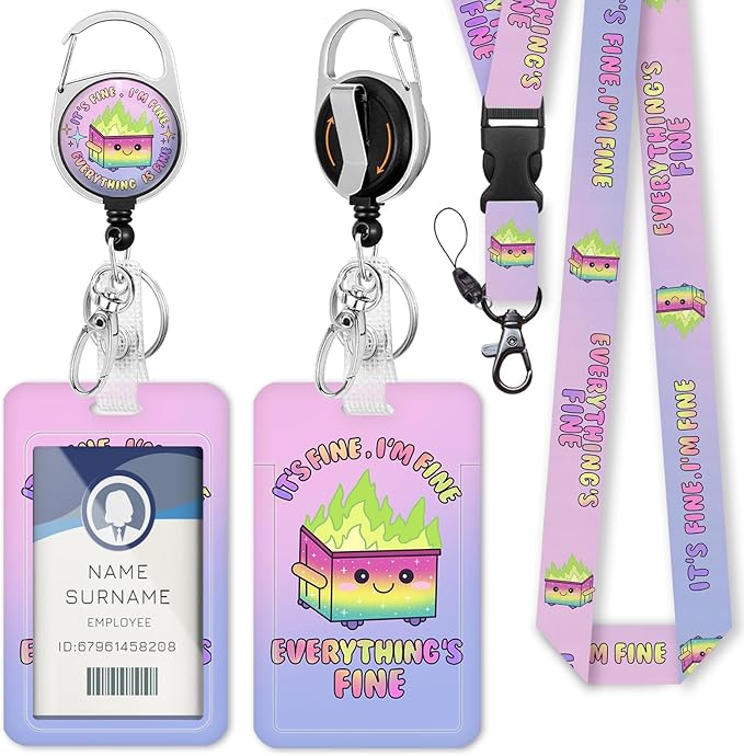 Gctriki Dumpster on Fire Purple Lanyards for ID Badges and Keys, Retractable Badge Reel Heavy Duty with Carabiner Clip, Funny I'm Fine ID Badge Holder with Lanyard, Teacher Nurse Women Office Gifts