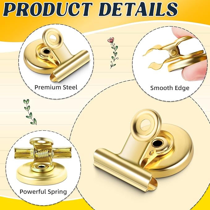 Grtard 24pack Luxurious Cute Gold Magnetic Clips, Strong Heavy Duty Scratch Free Refrigerator Magnet Clips, 24 Count