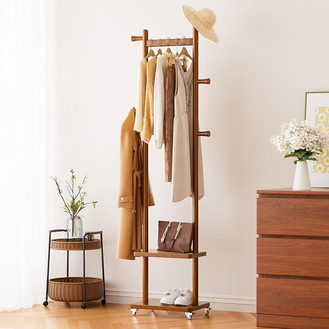 Coat Rack Freestanding Clothing Rack with Wheels & 2 Shelves Storage & 5 Hooks Heavy Duty Clothes Rack Wood Coat Tree Stand Hat Hanger Rack for Corner Bedroom Entryway Living Room Hotel