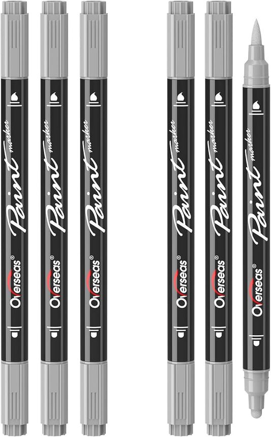 Overseas Silver Acrylic Paint Markers, 6 Pack Dual Tip Paint Pens Acrylic Markers - Dot and Brush Tip Coloring Marker for Wood, Rock, Canvas, Glass, Metal, Plastic, Rubber, Fabric, School Supplies