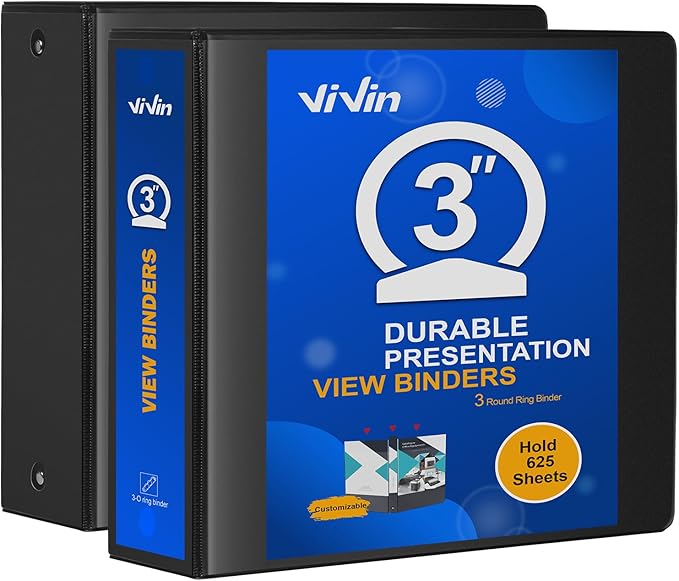 ViVin 3 Ring Binder 3 inch with Clear View Cover, Large 3" Round Ring for Strength, Holds 600 Sheets of US Letter Size Paper, Office Home School, 2 Pack (Black)