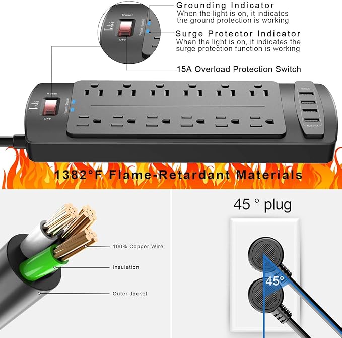 Power Strip, Tcstei Surge Protector with 12 Outlets and 4 USB Ports, 20 Feet Extension Cord (1875W/15A) for Home, Office, Dorm Essentials, 2700 Joules, ETL Listed, Black