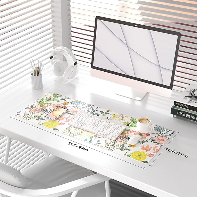 QIYI Floral Large Mouse Pad, Colorful Desk Mat for Desktop, Women Girls Desk Accessories Office Décor, PU Leather Waterproof Big Gaming Mousepad, Blooming Flowers Desk Pad Computer Mat, 31.5" x 11.8"