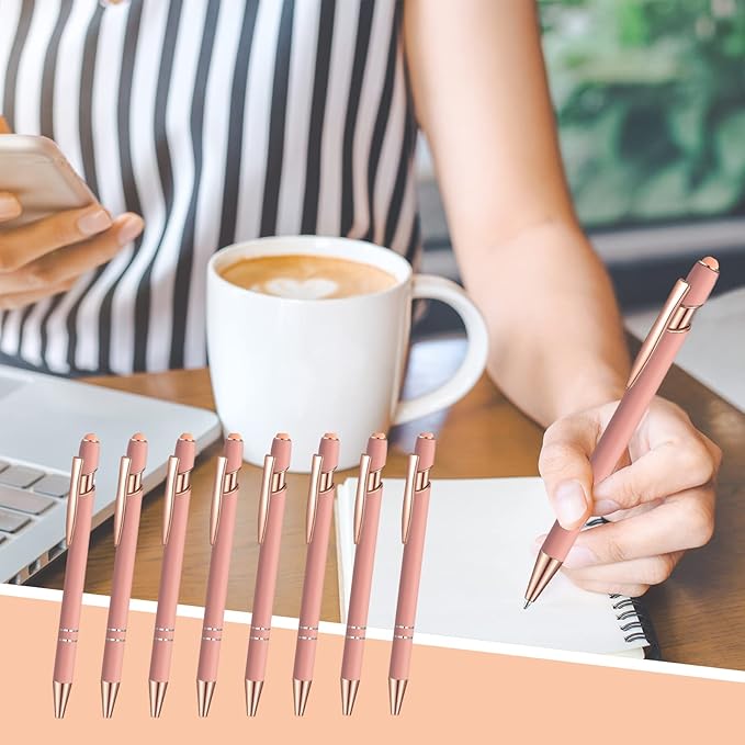 8 Pcs Blue Ink Ballpoint Pen with Stylus Tip 2 in 1 Stylus Ballpoint Pen Metal Pens Stylus Pen for Touch Screens School Office Coworkers (Pink Rose Gold)
