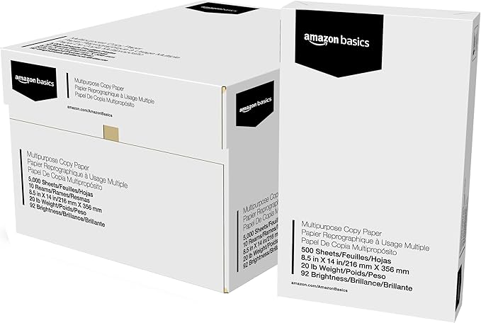 Amazon Basics Multipurpose Copy Printer Paper, 20 lb, 8.5 x 14 Inches, 10 Reams (5,000 Sheets), 92 Bright, White