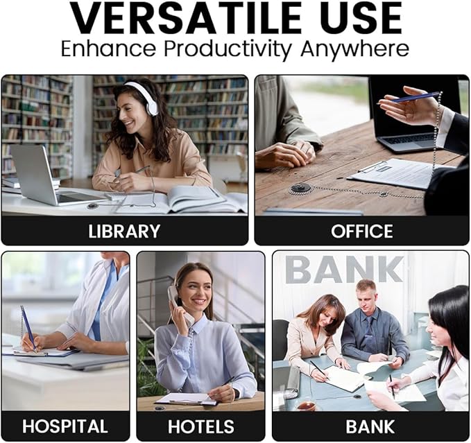 Secure Pen with Adhesive Pen Chain Holder 23-Inch Chain (42 Pieces) | 7 Black Pens and 7 Blue Pens with 14 Black & 14 Blue Refills | Counter Pens with Chain & Base