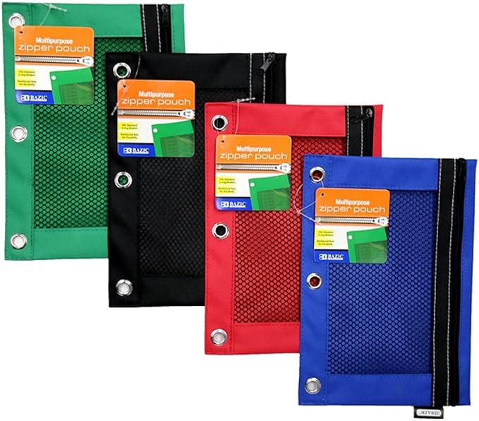 BAZIC Pencil Pouch 3 Ring Binder Pouch w/Rivet Enforced Rings Holes, Assorted Color Mesh Window Zipper Pouches, 1 Unit Random Color Will BE Sent