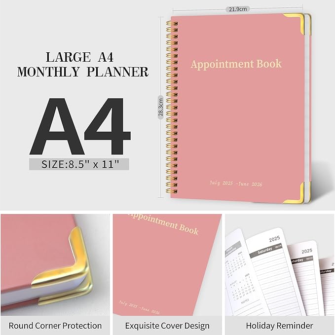 Appointment Planner 2025-2026 - Daily Hourly Schedule Planner from 7am - 10 pm, Weekly & Monthly Hourly Appointment Calendar from July 2025 - June 2026, 9" x 11"-Pink