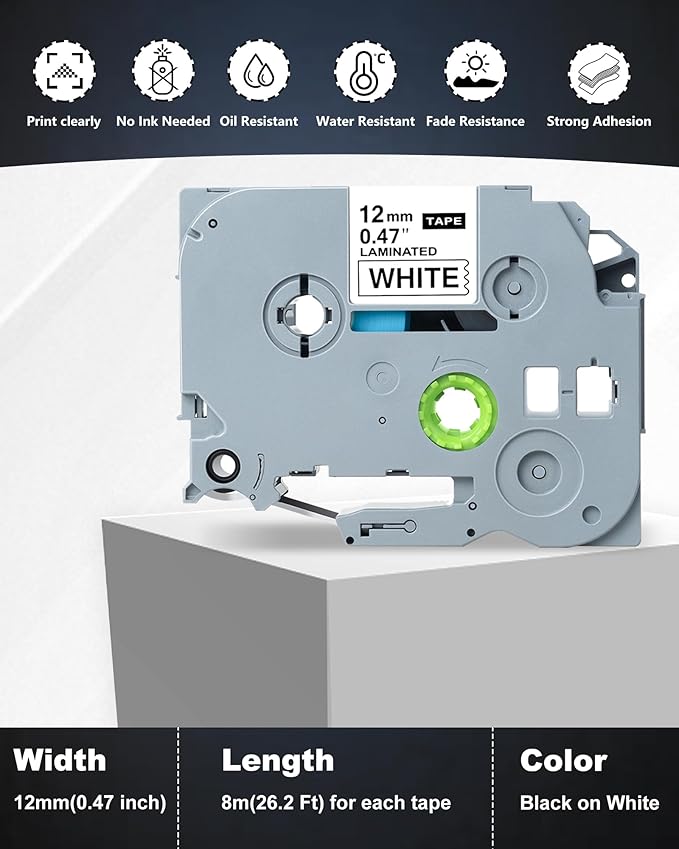 Replacement for Brother Label Maker Tape, P-Touch Label Tape, Tz 231 Tape 12mm 0.47 Laminated Black on White, Compatible with Brother PT-D210 H110 D220 D400 D410 D600, 8-Pack