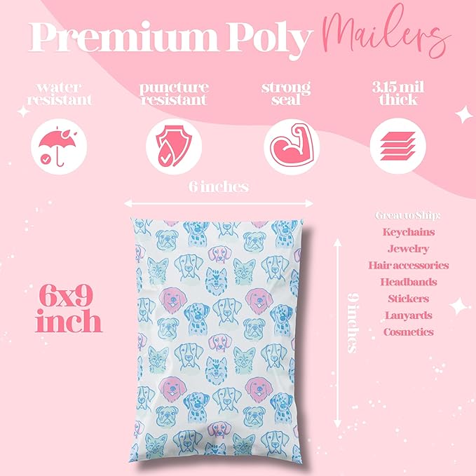 6x9 Designer Poly Mailer 100 Pack Heavy Duty Waterproof Self Seal Shipping Bags for Small Business Large Mailing Envelopes Bulk Tear Resistant Packaging Pretty Pups Puppy Dogs