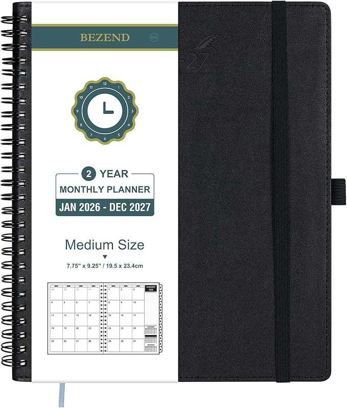 BEZEND Monthly Planner 2026-2027 (Spiral-7" x 9") 2 Year Calendar Book with Note Pages - Jan 26 to Dec 27-120 GSM Paper, Inner Pockets, Laminated Tabs, Vegan Leather Softcover - Black