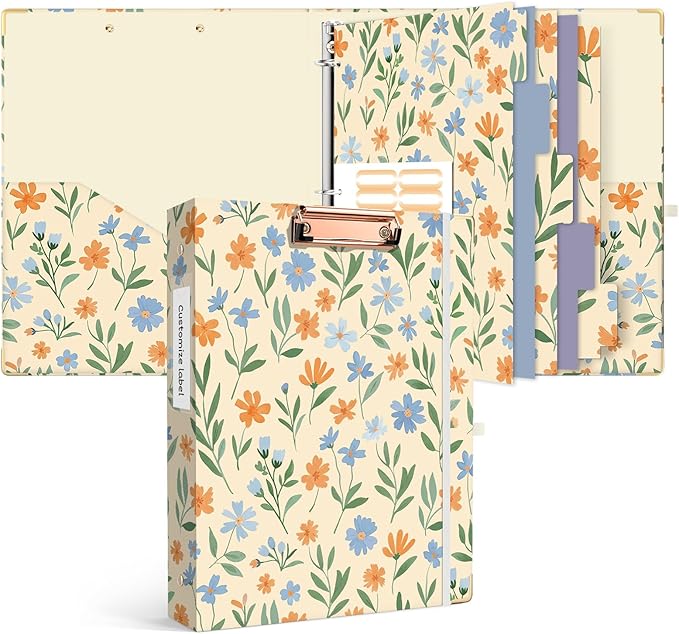 Ospelelf Binder 3 Ring 1 Inch, Round Ring Clipboard Binder for Letter Size Paper with 5 Tab Dividers, for School and Office Supplies, Yellow Floral