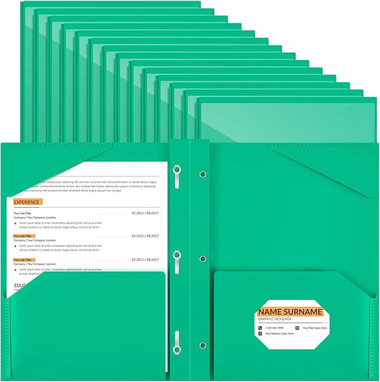 Henoyso 36 Pcs Plastic Folder with Clear Front Pocket and 3 Prong Plastic Folders with Card Slot Pocket Folders with Prongs for School Office (Green)