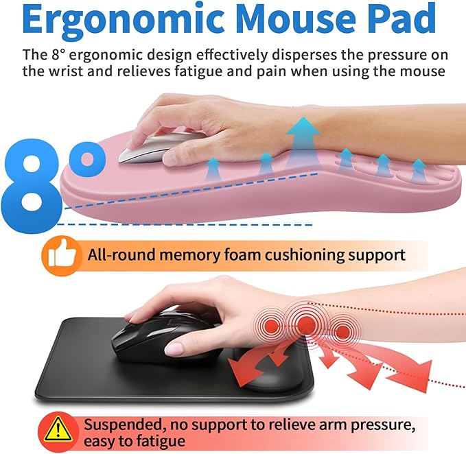 YIWEI Ergonomic Mouse Pad with Wrist Rest Support, Mousepad with Comfortable Memory Foam Wrist Rest and Non-Slip PU Base for Pain Relief, Computer, Laptop, Office, Home (Pink)