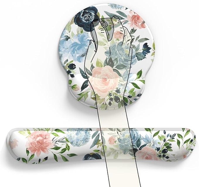 Green Blue Pink Floral Mouse Pad Wrist Support Keyboard Wrist Rest Set, Ergonomic Mouse Pad with Non-Slip Pu Base for Computer Office Comfortable Mouse Wrist Rest Easy Typing & Pain Relief Mouse Pad.