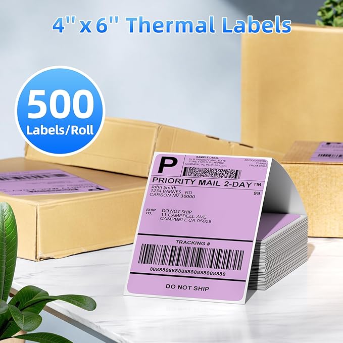 4x6 Thermal Labels, 1 Packs of 500 4x6 Fold Labels Purple - Compatible with JADENS, ASprink, Phomemo, Rollo, Zebra, Omezizy and Other Thermal Printers