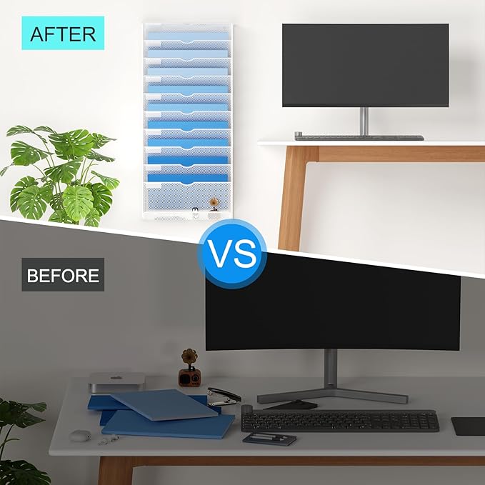 Hanging Wall File Organizer 10 Tier Wall Mounted File Holder Document Wall Organizer Magazine Organization for Office Home, White